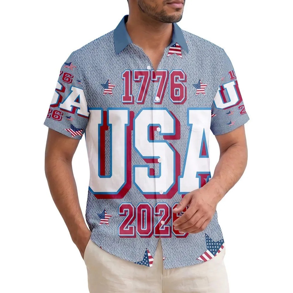 America 250th Anniversary Patriotic Hawaiian 1776 USA 2026 Flag Star Design, Blue Jean Background Short-sleeve Hawaiian Shirt - 1