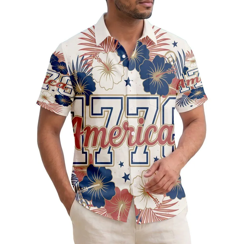 America 250th Anniversary 1776 Hawaiian Patriotic Tropical Red White Blue Gold Short-sleeve Hawaiian Shirt - 1