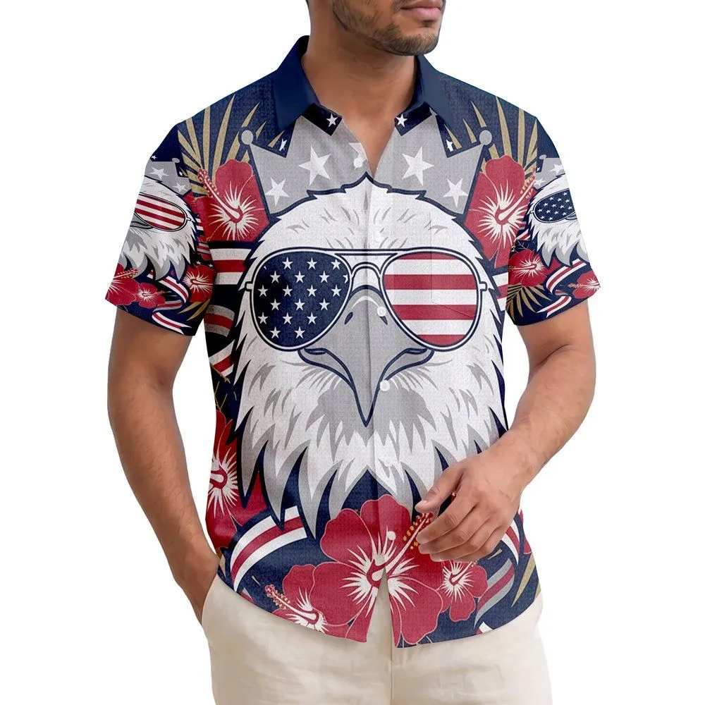 America 250th Patriotic Eagle Aviator Flag Lens Sunglasses Tropical Hibiscus Short-sleeve Hawaiian Shirt - 1