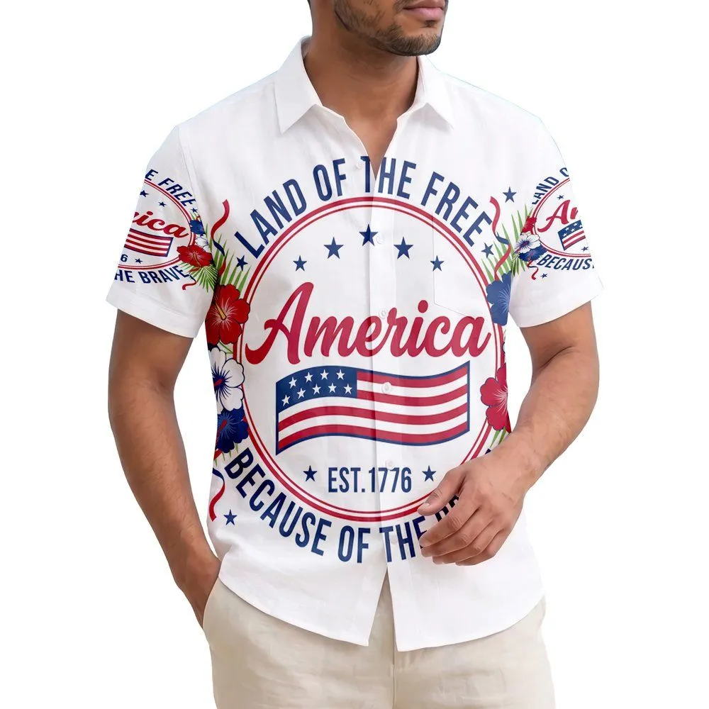 America 250th Anniversary Patriotic Emblem: Land of Free, Brave – Est. 1776 Hibiscus Palm Short-sleeve Hawaiian Shirt - 1
