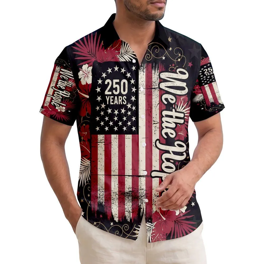 Patriotic American USA 250th Anniversary 1776 Distressed Flag We the People Tropical Short-sleeve Hawaiian Shirt - 1