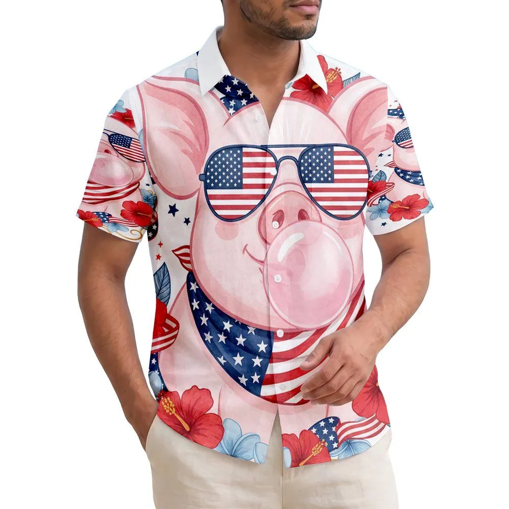 USA 250th Anniversary Pig: Flag Bandana, Bubble Gum, Hibiscus, Plumeria Scroll Short-sleeve Hawaiian Shirt - 1