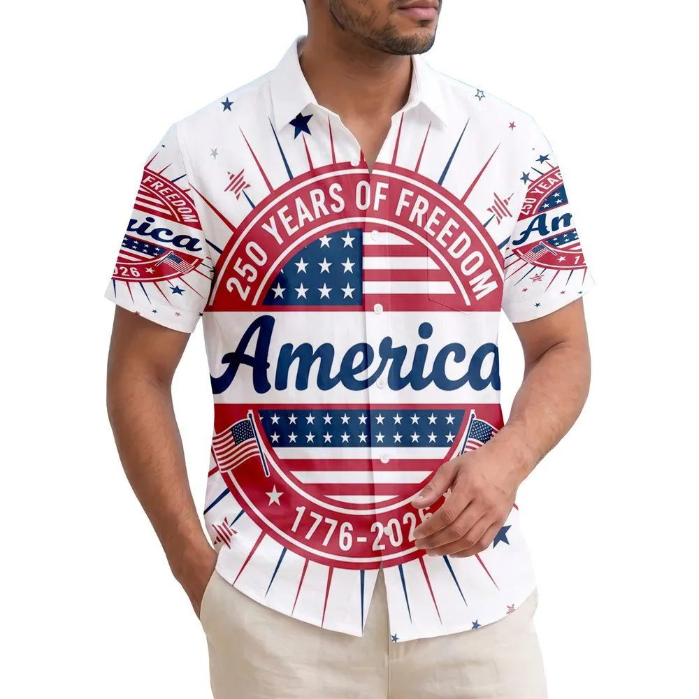 USA 250th Anniversary Tropical Americana Stars Stripes Freedom Emblem 1776-2026 Short-sleeve Hawaiian Shirt - 1