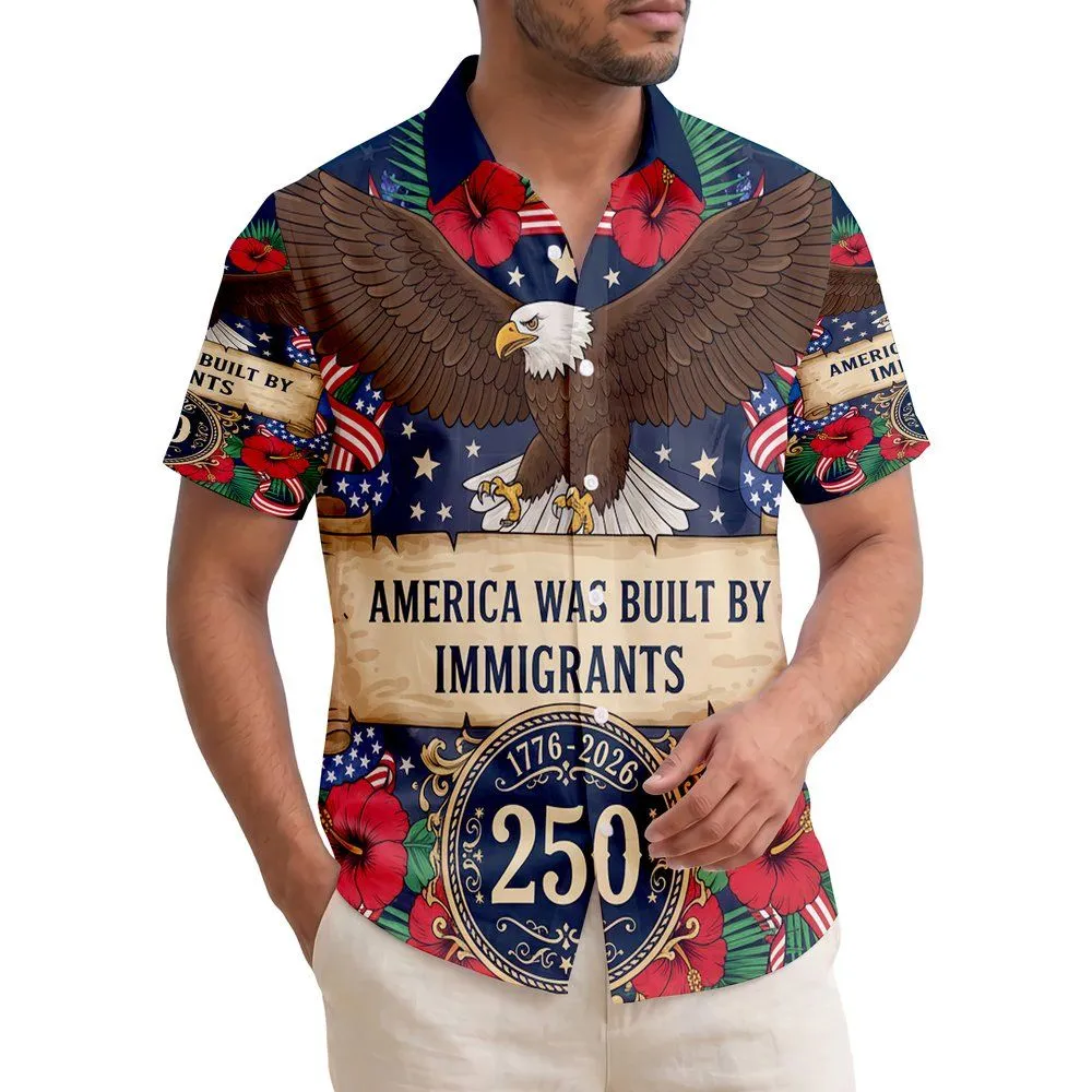 America 250th Eagle Immigrant Legacy Tropical Hibiscus Palm 1776-2026 Design Short-sleeve Hawaiian Shirt - 1