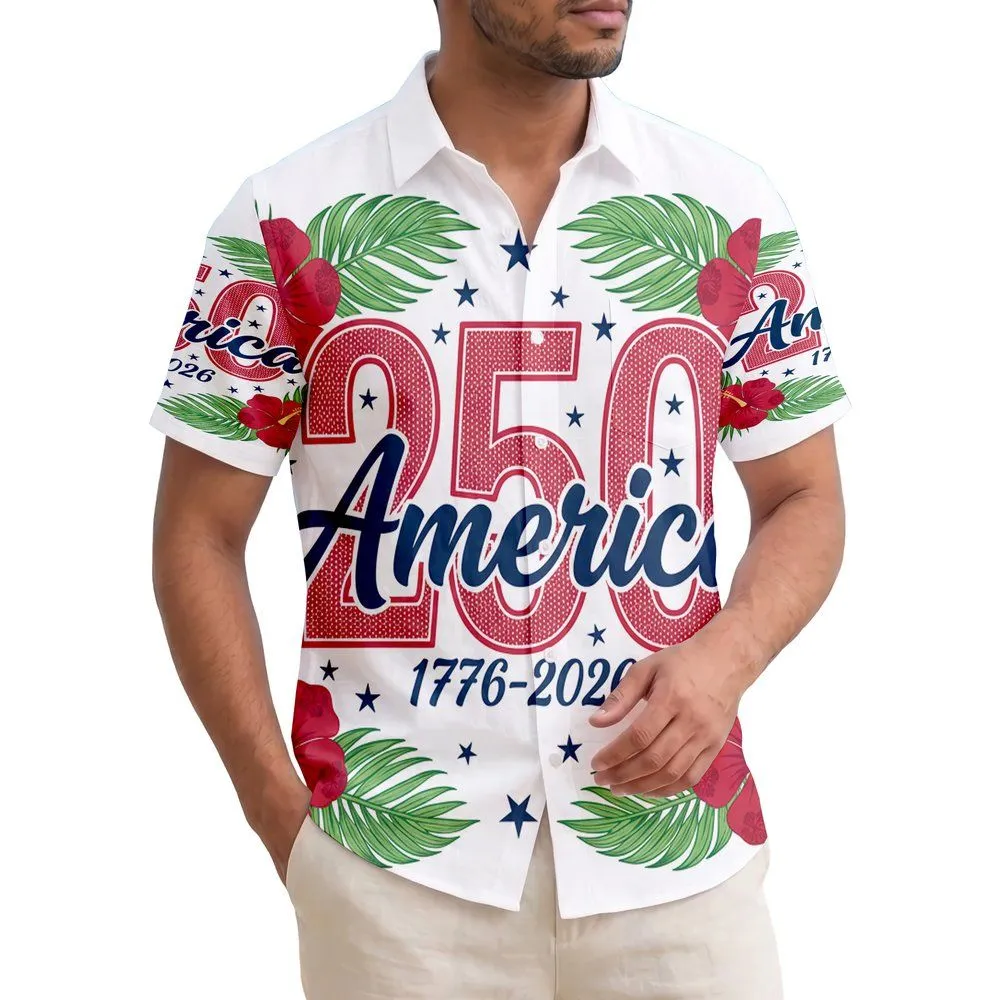 America 250th Anniversary: Red Knit 250, Navy America Script, Tropical Patriotic Design Short-sleeve Hawaiian Shirt - 1