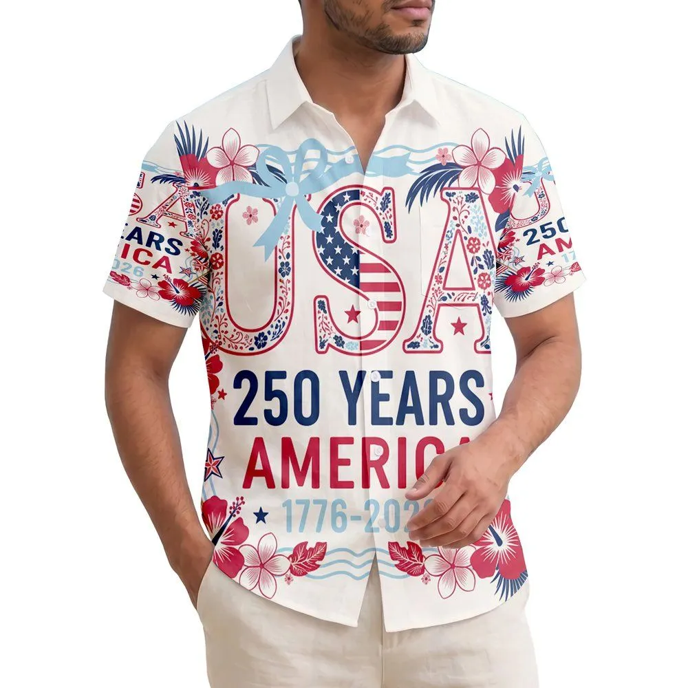 America 250th Anniversary USA Floral Letter Patriotic Ribbon Tropical Commemoration Short-sleeve Hawaiian Shirt - 1