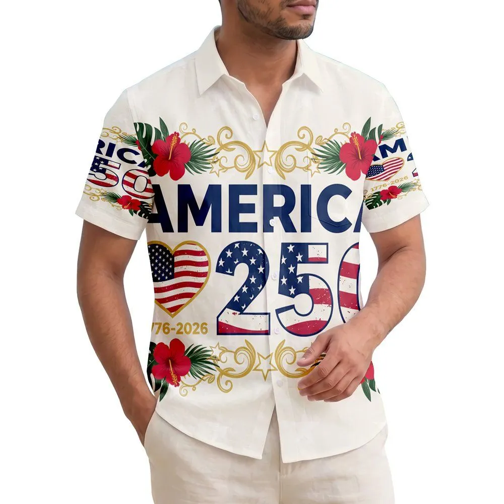 USA 250th Anniversary Distressed Flag AMERICA 250 Text Waving Heart 1776-2026 Hibiscus Short-sleeve Hawaiian Shirt - 1