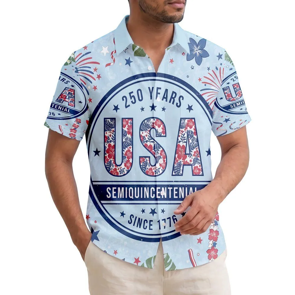 Patriotic Hibiscus USA Emblem 1776 - USA 250th Anniversary Independence Day Hawaiian Shirt - 1