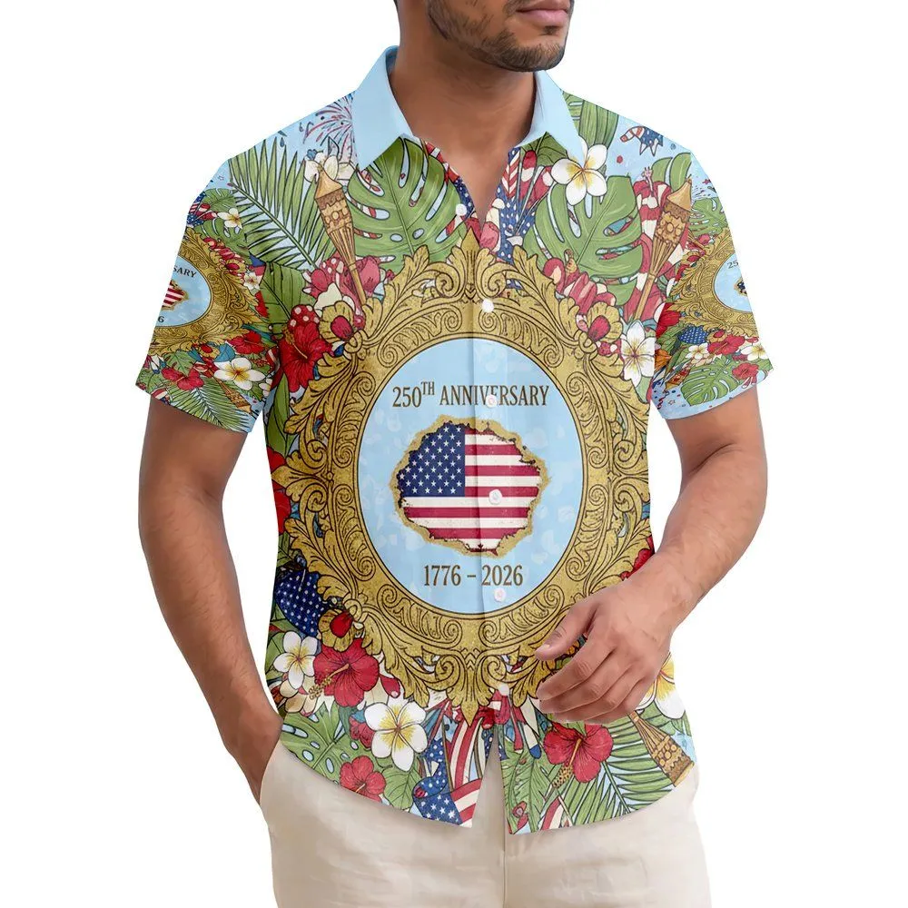 Distressed American Flag 250th Anniversary Emblem - USA 1776-2026 Tropical Patriotic Hawaiian Shirt - 1