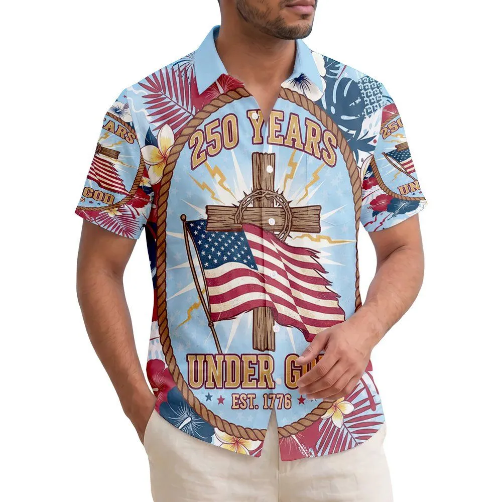 Flag-Draped Cross 'Under God' 1776-2026 - USA 250th Anniversary Patriotic Tropical Hawaiian Shirt - 1