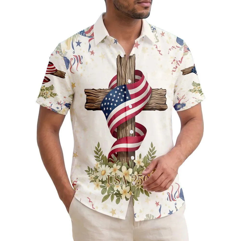 Wooden Cross American Flag 1776 - USA 250th Anniversary Patriotic Tropical Heritage Hawaiian Shirt - 1