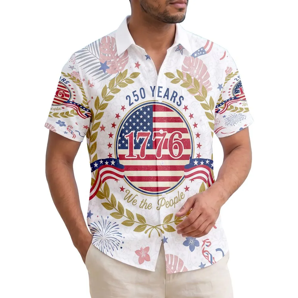 USA 250th Anniversary 1776 Flag Emblem - Tropical Patriotic Flowers We The People Hawaiian Shirt - 1