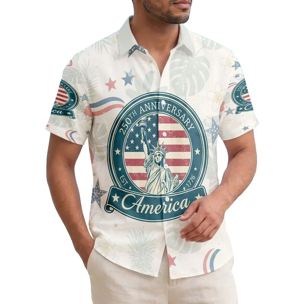 USA 250th Anniversary Lady Liberty 1776 Tropical Flag Independence Day Celebration Hawaiian Shirt - 1