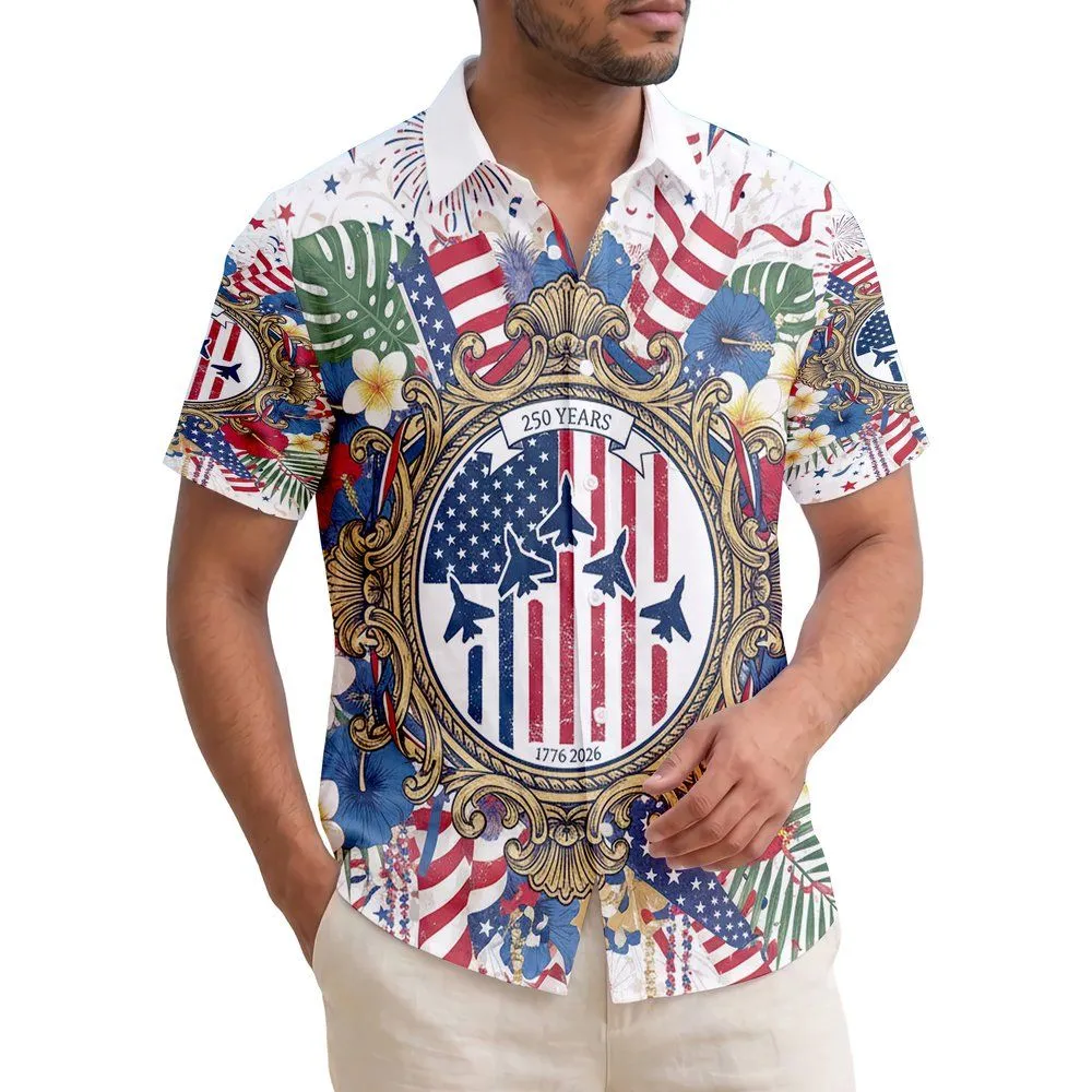 Stylized Fighter Jets American Flag Tropical - USA 250th Anniversary 1776-2026 Hawaiian Shirt - 1