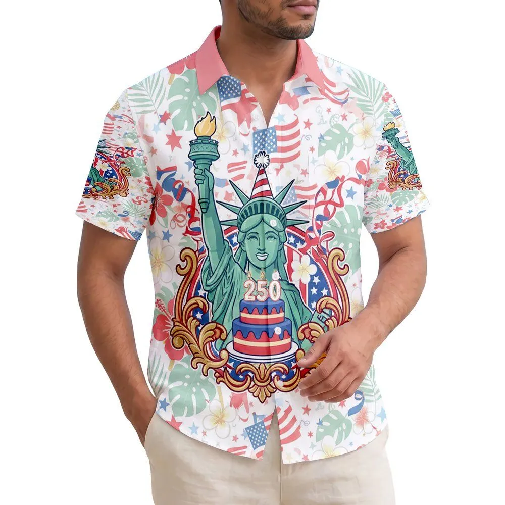Friendly Cartoon Statue of Liberty Cake 250 - USA 250th Anniversary Patriotic Tropical 1776-2026 Hawaiian Shirt - 1