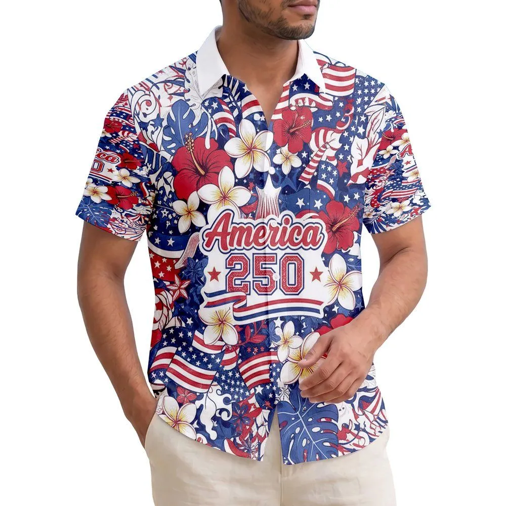 Patriotic Emblem Tropical Flowers Palm 1776 - USA 250th Anniversary Independence Day Hawaiian Shirt - 1