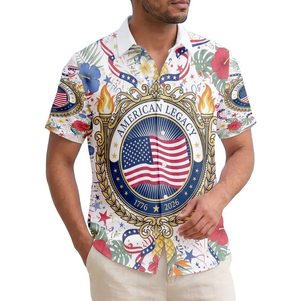 American Flag 1776-2026 Emblem - USA 250th Anniversary Patriotic Tropical Art Hawaiian Shirt - 1