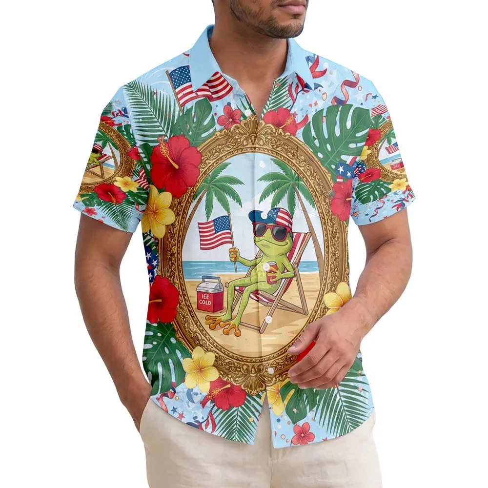 Cartoon Frog American Flag Tropical 1776-2026 - USA 250th Anniversary Independence Day Hawaiian Shirt - 1