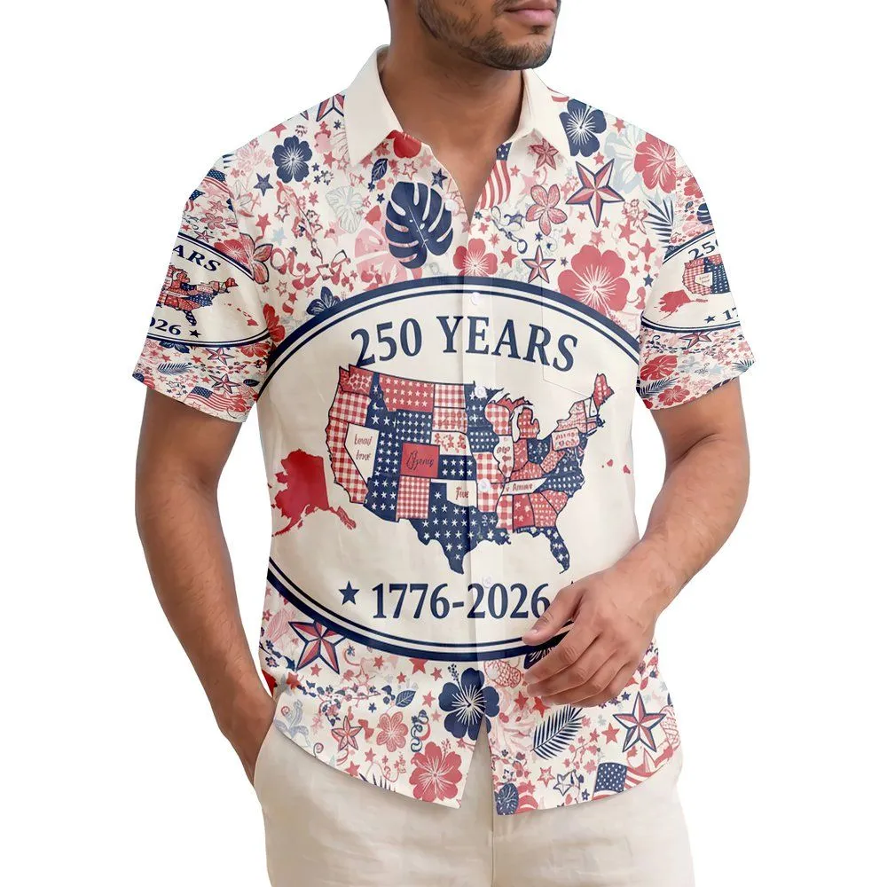 USA Map Patchwork Tropical Art 1776-2026 - USA 250 Years of Freedom Hawaiian Shirt - 1