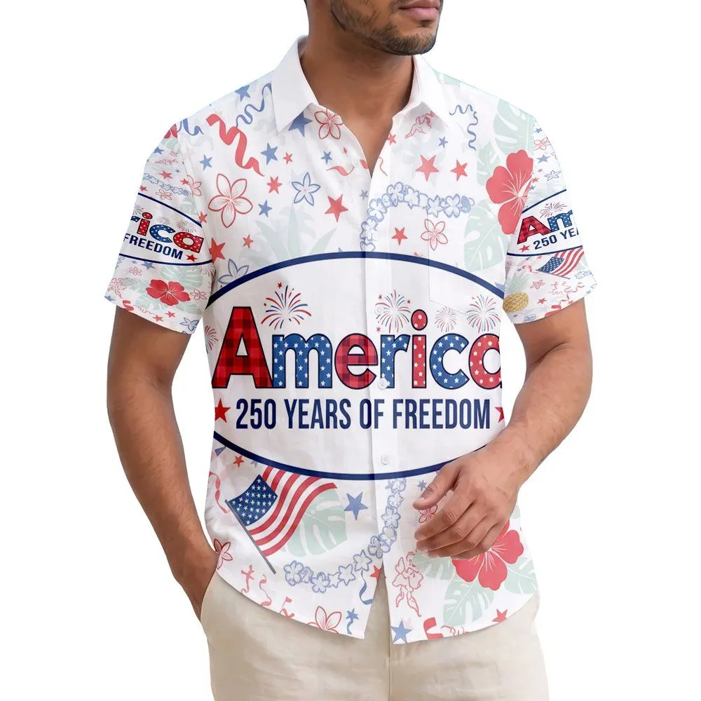 Patriotic 'America' Text 250 Years of Freedom - USA 250th Anniversary Tropical Hibiscus Hawaiian Shirt - 1