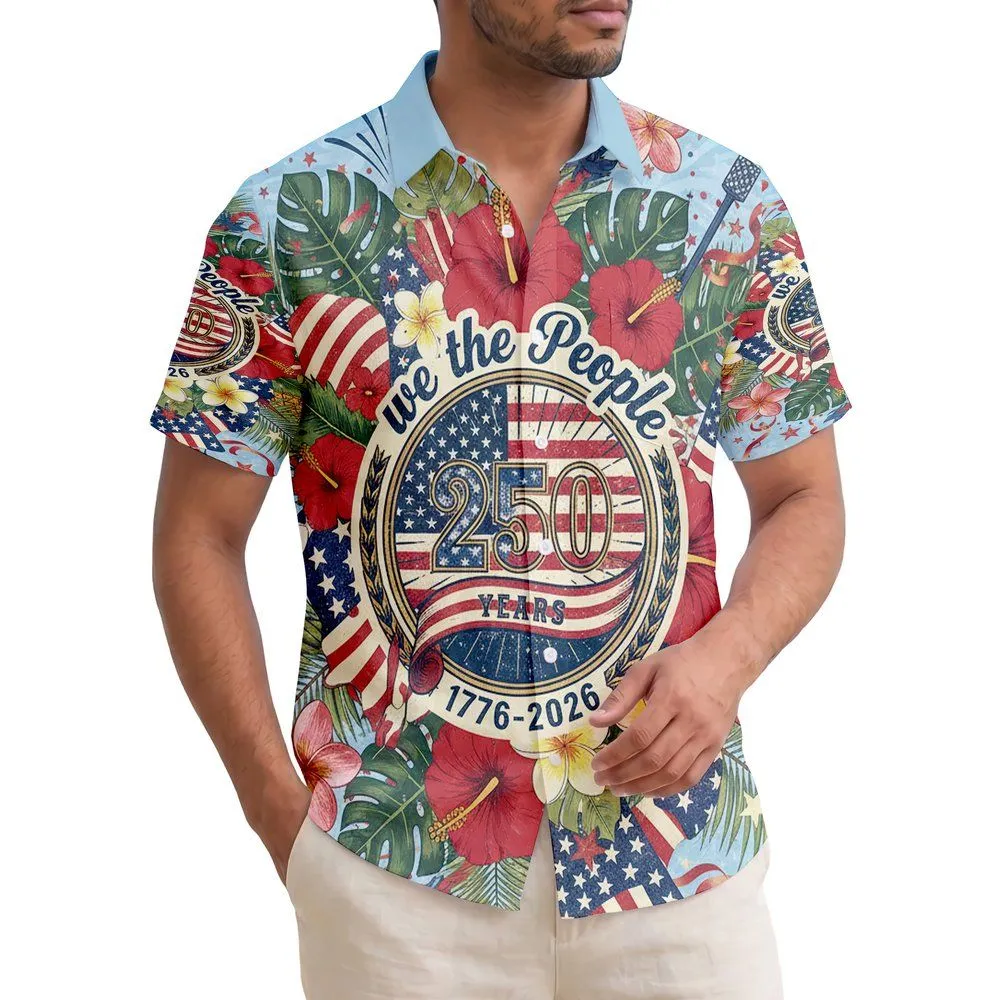 We The People 1776-2026 Distressed Flag Emblem - USA 250th Anniversary Patriotic Tropical Hawaiian Shirt - 1