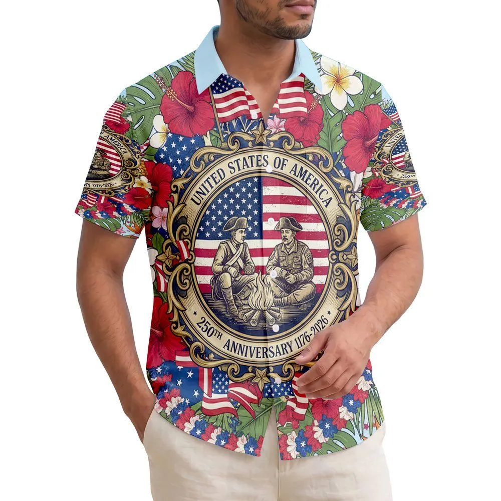 Soldiers American Flag Tropical 1776-2026 - USA 250th Anniversary Independence Day Celebration Hawaiian Shirt - 1