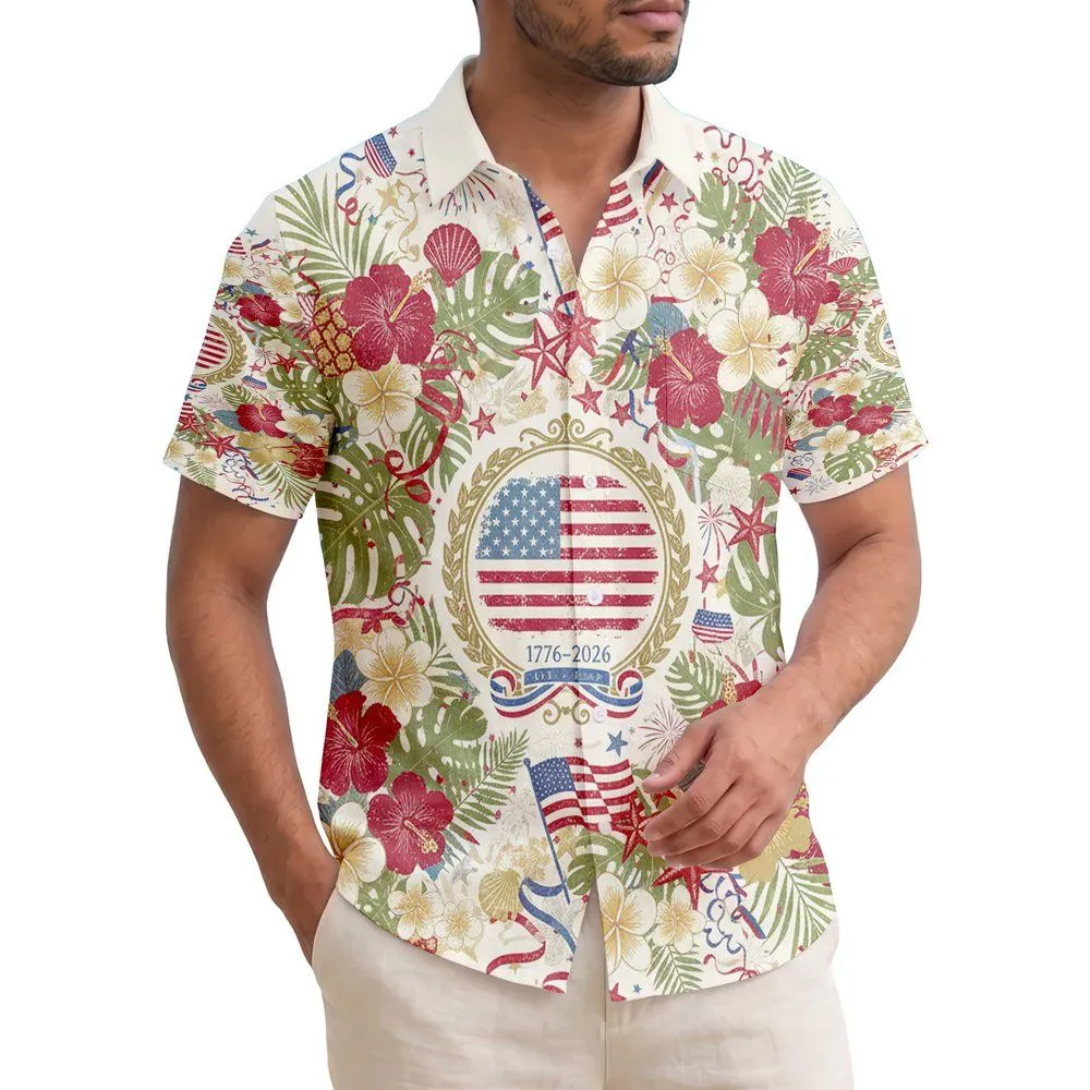 Distressed American Flag Emblem 1776-2026 Tropical - USA 250th Anniversary Independence Day Hawaiian Shirt - 1