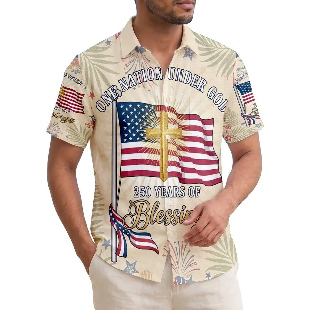 American Flag Cross One Nation Under God Tropical - USA 250th Anniversary Independence Day Hawaiian Shirt - 1