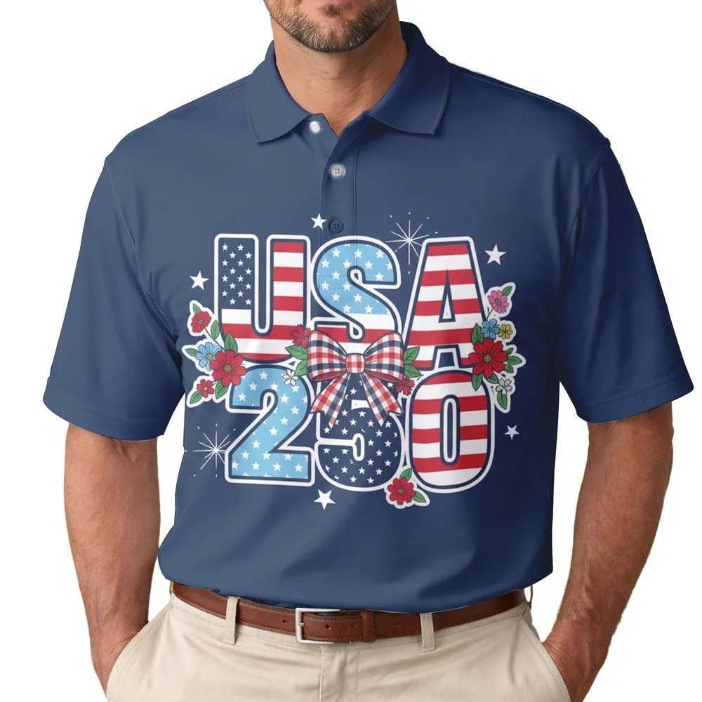 USA 250 Patriotic Flag Text - USA 250th Anniversary Independence Day Gift for Dad Men's Polo Shirt - 1