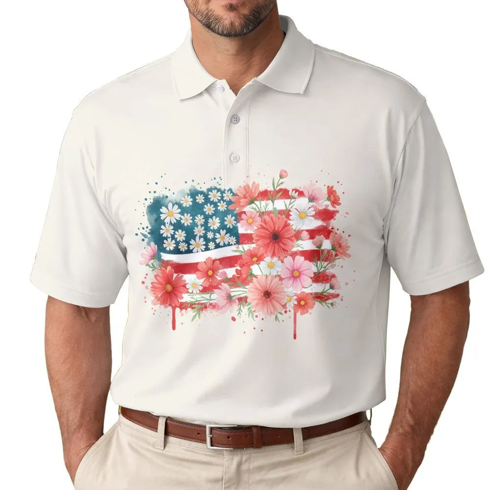 Watercolor Floral Flag 1776 - USA 250th Anniversary Semiquincentennial Patriotic Men's Polo Shirt - 1
