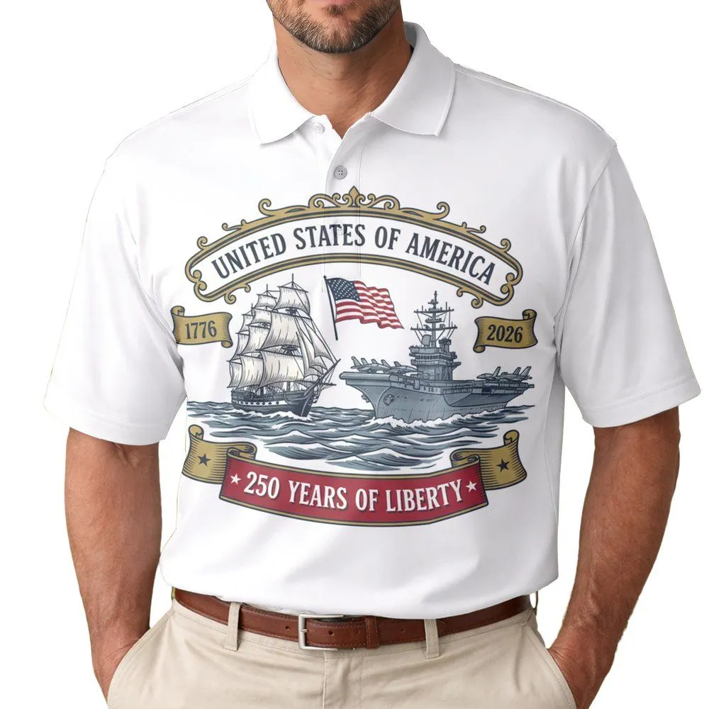 Vintage Tall Ship Aircraft Carrier Flag - USA 250th Anniversary 1776-2026 Gift for Veterans Men's Polo Shirt - 1
