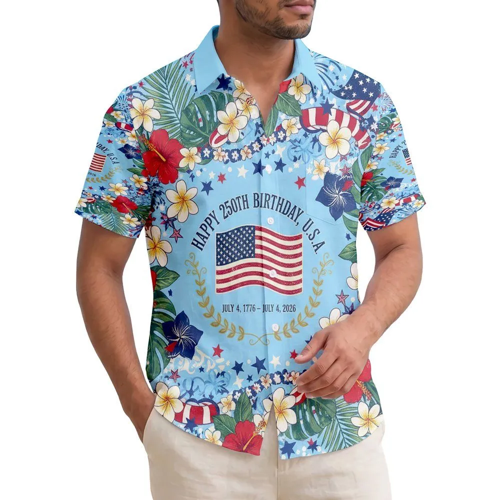 Vintage American Flag 1776-2026 - USA 250th Anniversary Tropical Independence Day Hawaiian Shirt - 1