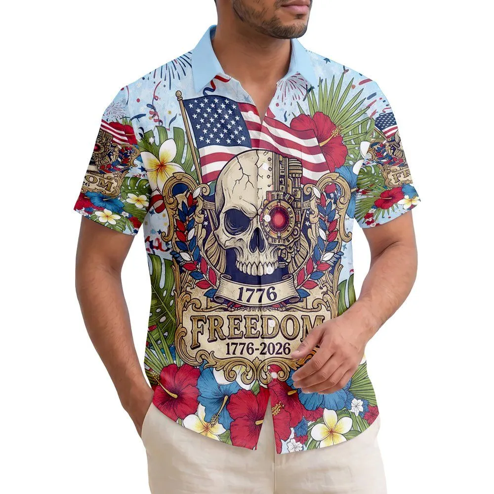 Skull Emblem 1776-2026 Freedom Flag - USA 250th Anniversary Independence Day Hawaiian Shirt - 1