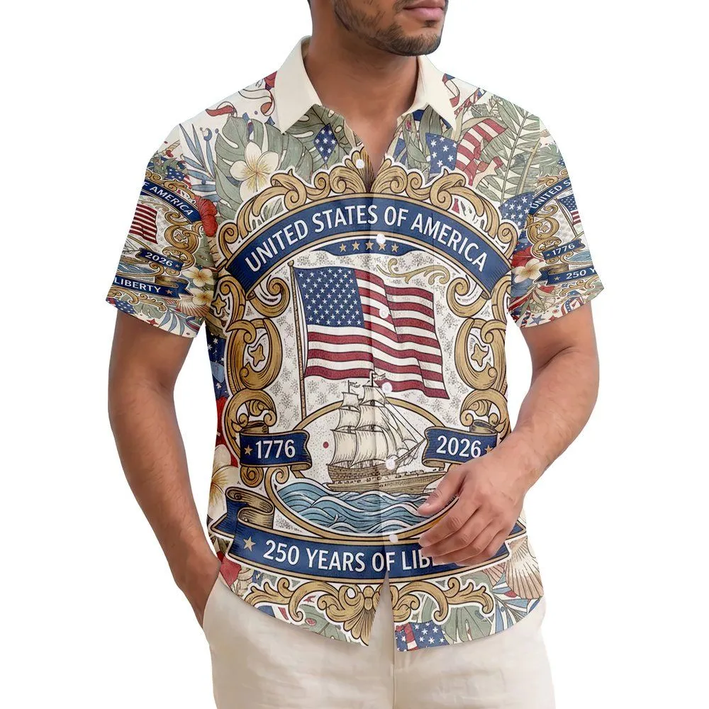 USA Flag Tall Ship Aircraft Carrier 1776-2026 - USA 250th Anniversary Liberty Day Gift Hawaiian Shirt - 1