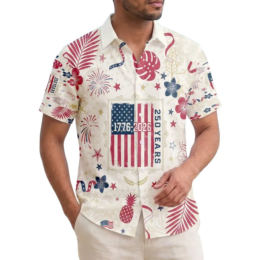 Distressed US Flag 1776-2026 - USA 250th Anniversary Tropical Patriotic Aloha Art Hawaiian Shirt - 1