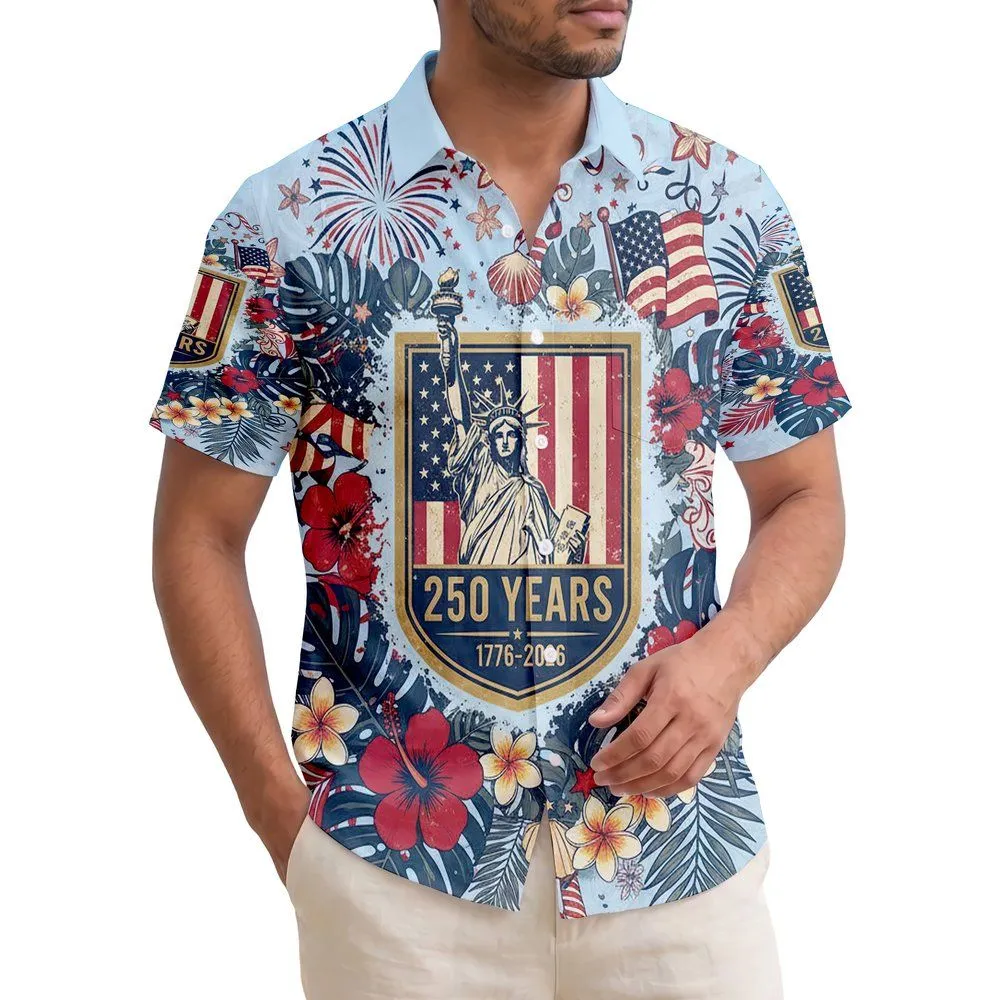 Statue of Liberty Flag Shield 1776-2026 Tropical Patriotic - USA 250th Anniversary Celebration Hawaiian Shirt - 1