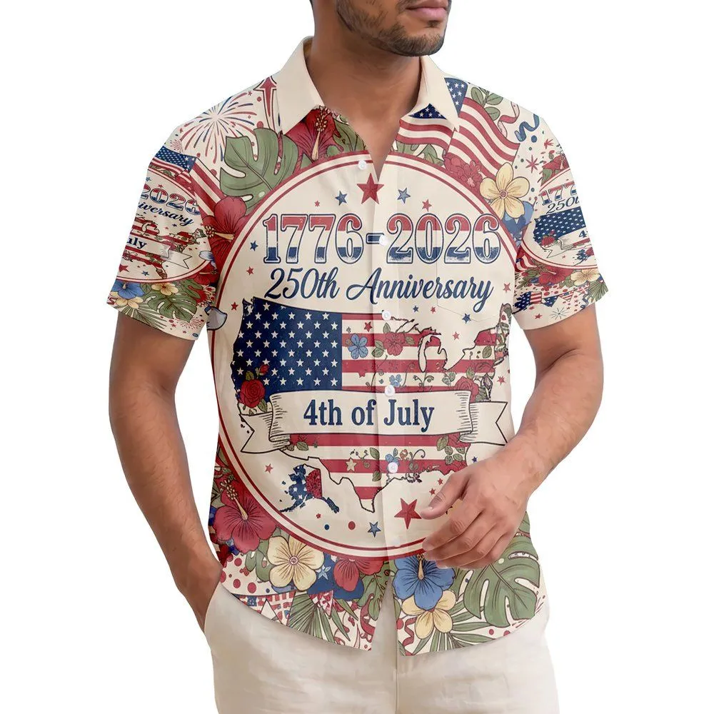 American Flag Map Floral 1776-2026 - USA 250th Anniversary 4th of July Tropical Hawaiian Shirt - 1