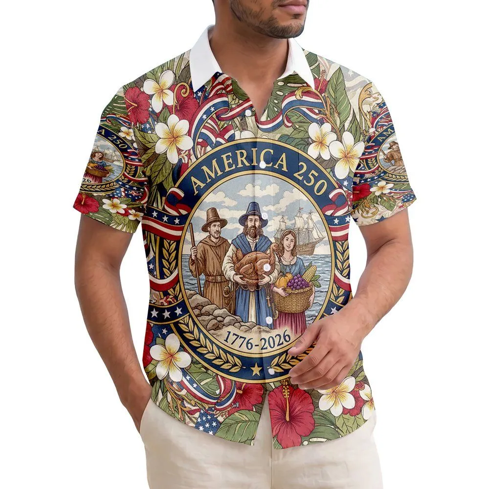 Pilgrims Mayflower Patriotic Tropical Scene - USA 250th Anniversary Independence Day Hawaiian Shirt - 1