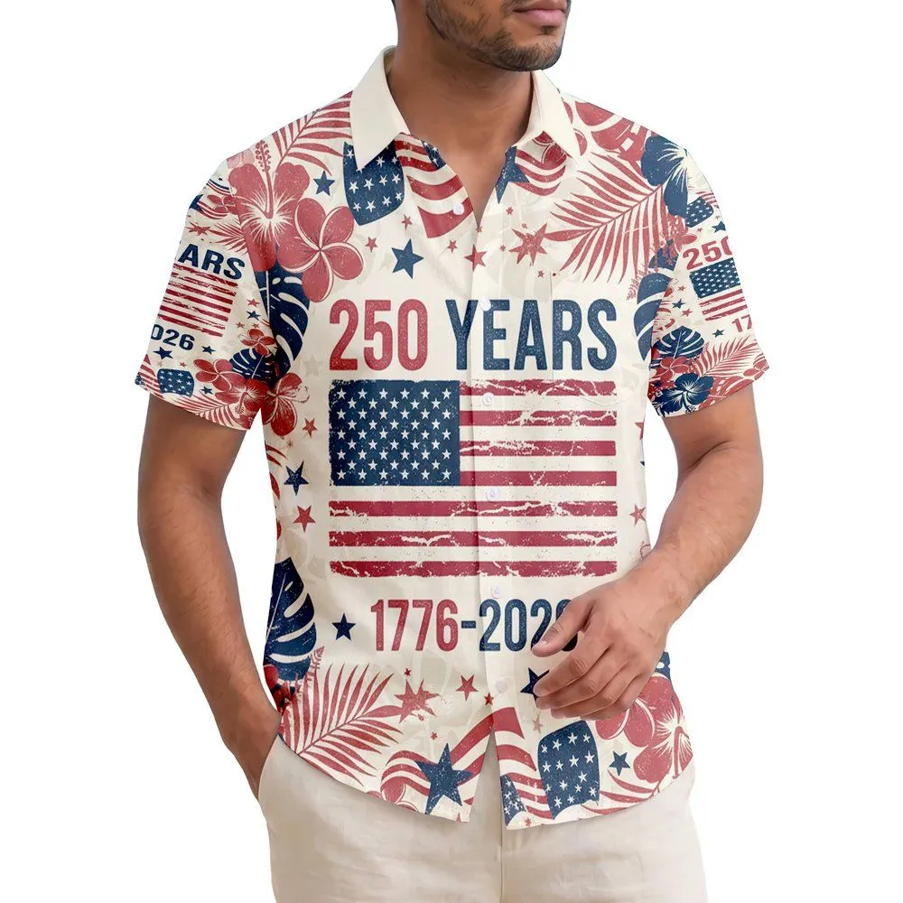 American Flag 1776-2026 Tropical Hibiscus - USA 250 Years of Freedom Independence Day Hawaiian Shirt - 1