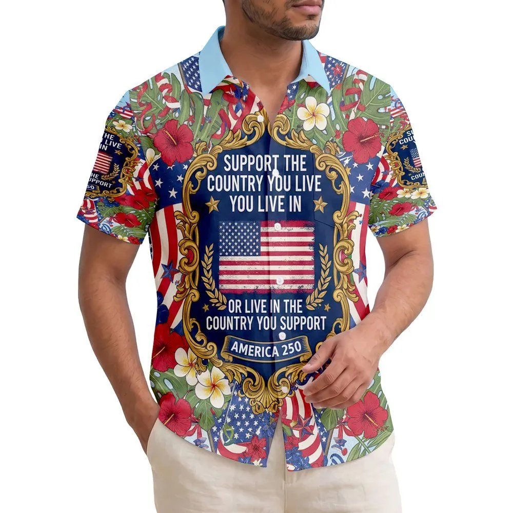 American Flag Patriotic Text Tropical Design - USA 250th Anniversary 1776-2026 Hawaiian Shirt - 1