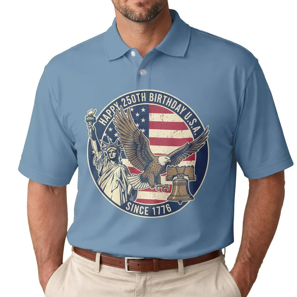 Statue of Liberty Bald Eagle Liberty Bell Flag 1776 - USA 250th Anniversary Patriotic Men's Polo Shirt - 1