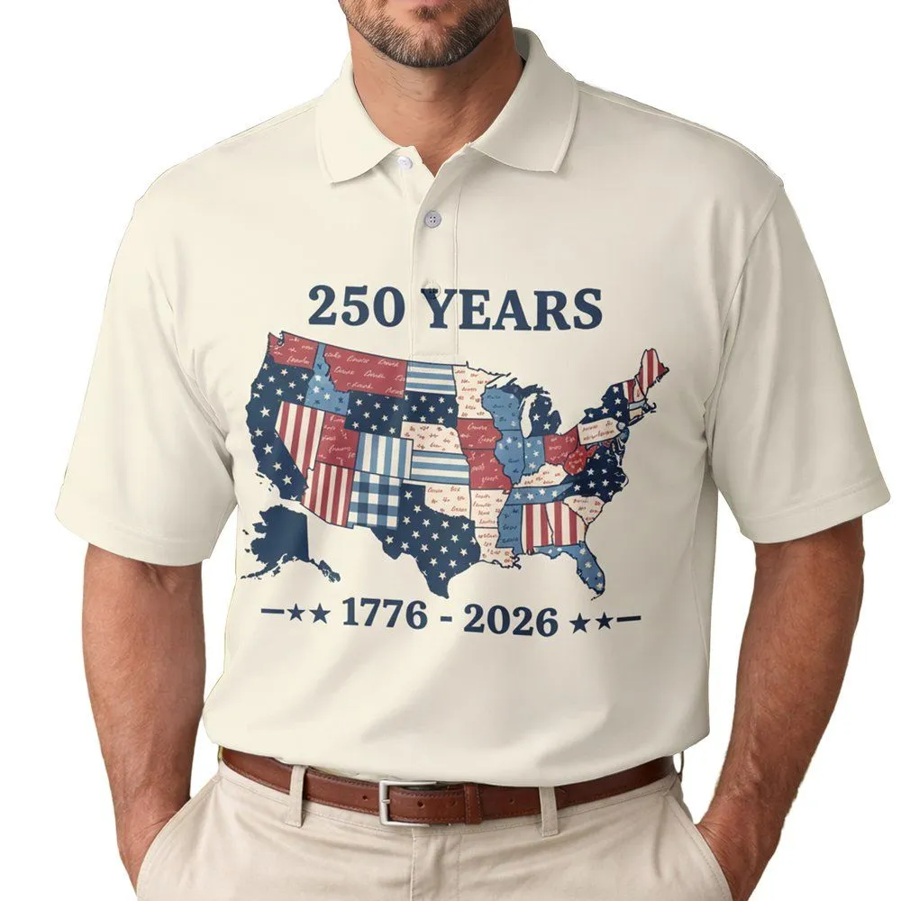 Patriotic Quilt Map 1776-2026 - USA 250th Anniversary Independence Day Celebration Men's Polo Shirt - 1