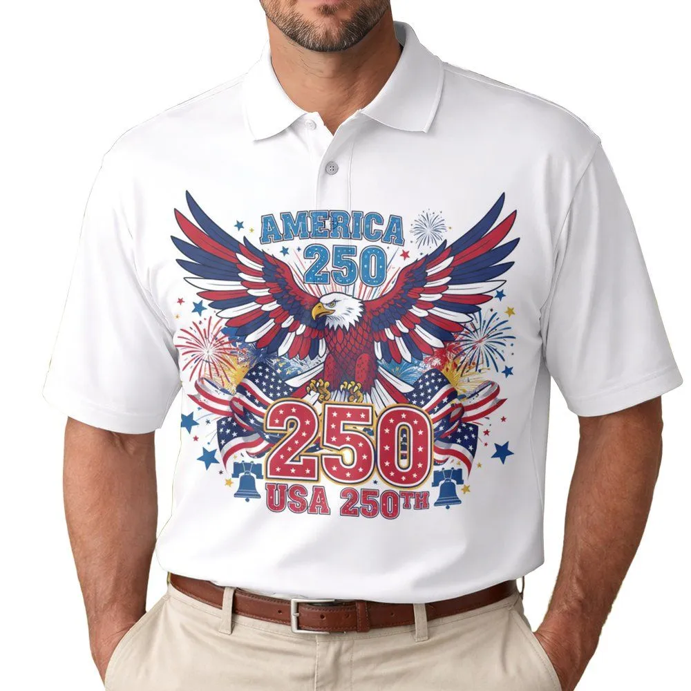Bald Eagle American Flag Fireworks 1776 - USA 250th Anniversary Independence Day Gift for Dad Men's Polo Shirt - 1