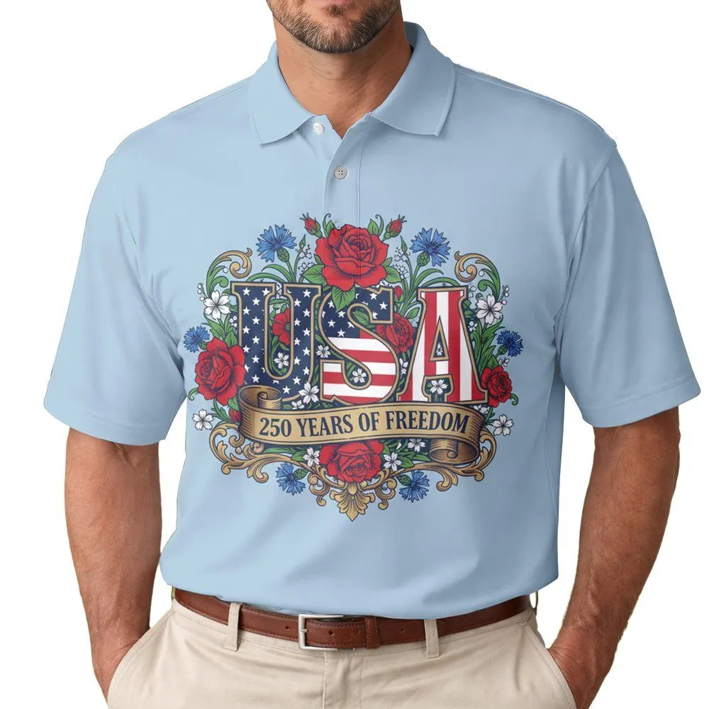 USA Flag Letters Floral Scroll - USA 250 Years of Freedom Independence Day 1776-2026 Men's Polo Shirt - 1