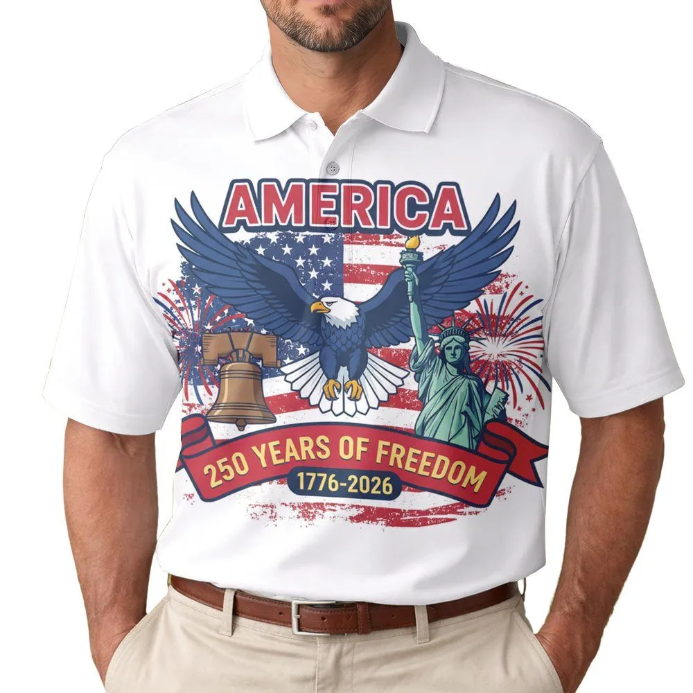 Bald Eagle Flag 1776 Liberty Bell Statue of Liberty - USA 250 Years of Freedom Independence Day Men's Polo Shirt - 1