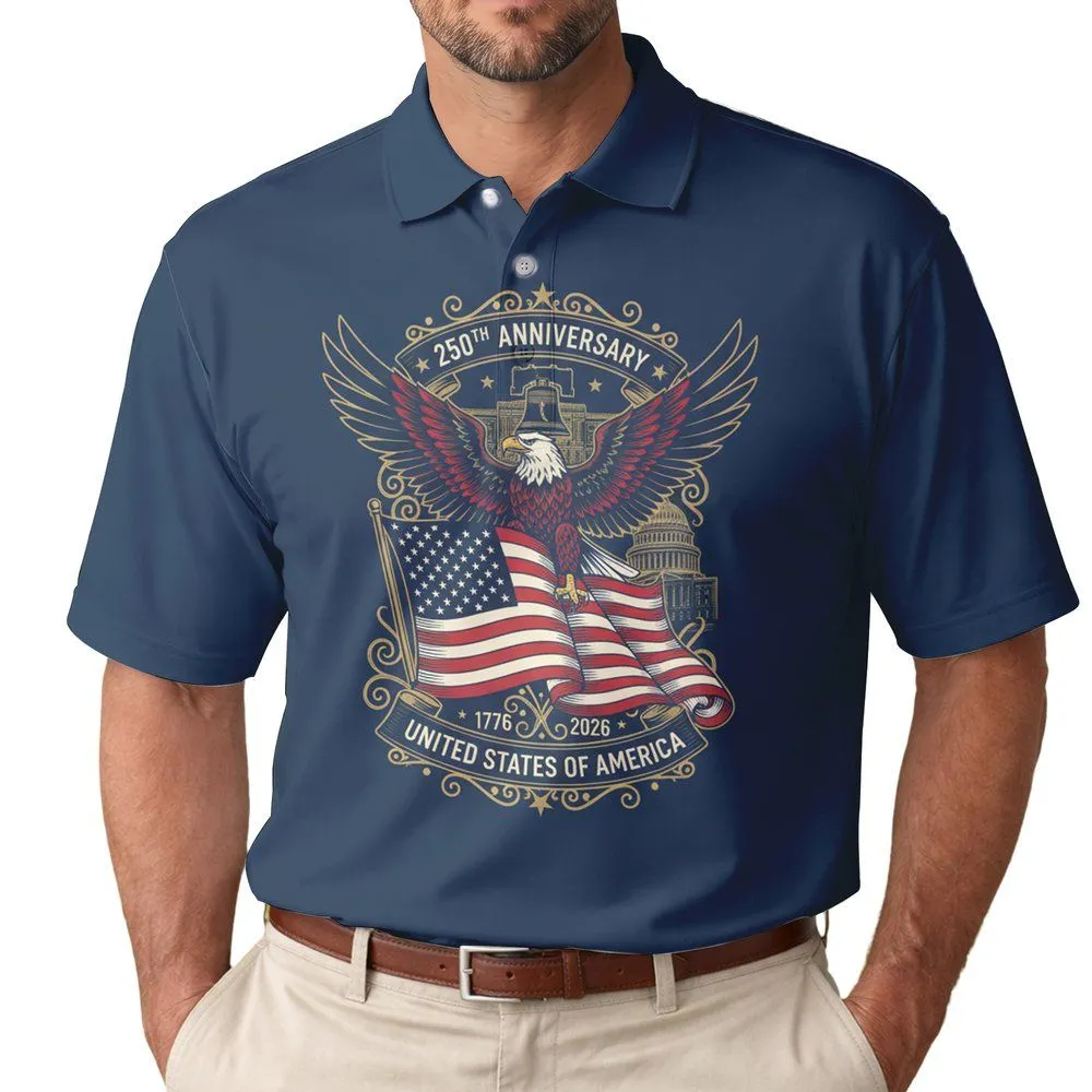 Bald Eagle American Flag 1776-2026 - USA 250th Anniversary Independence Day Gift for Veterans Men's Polo Shirt - 1