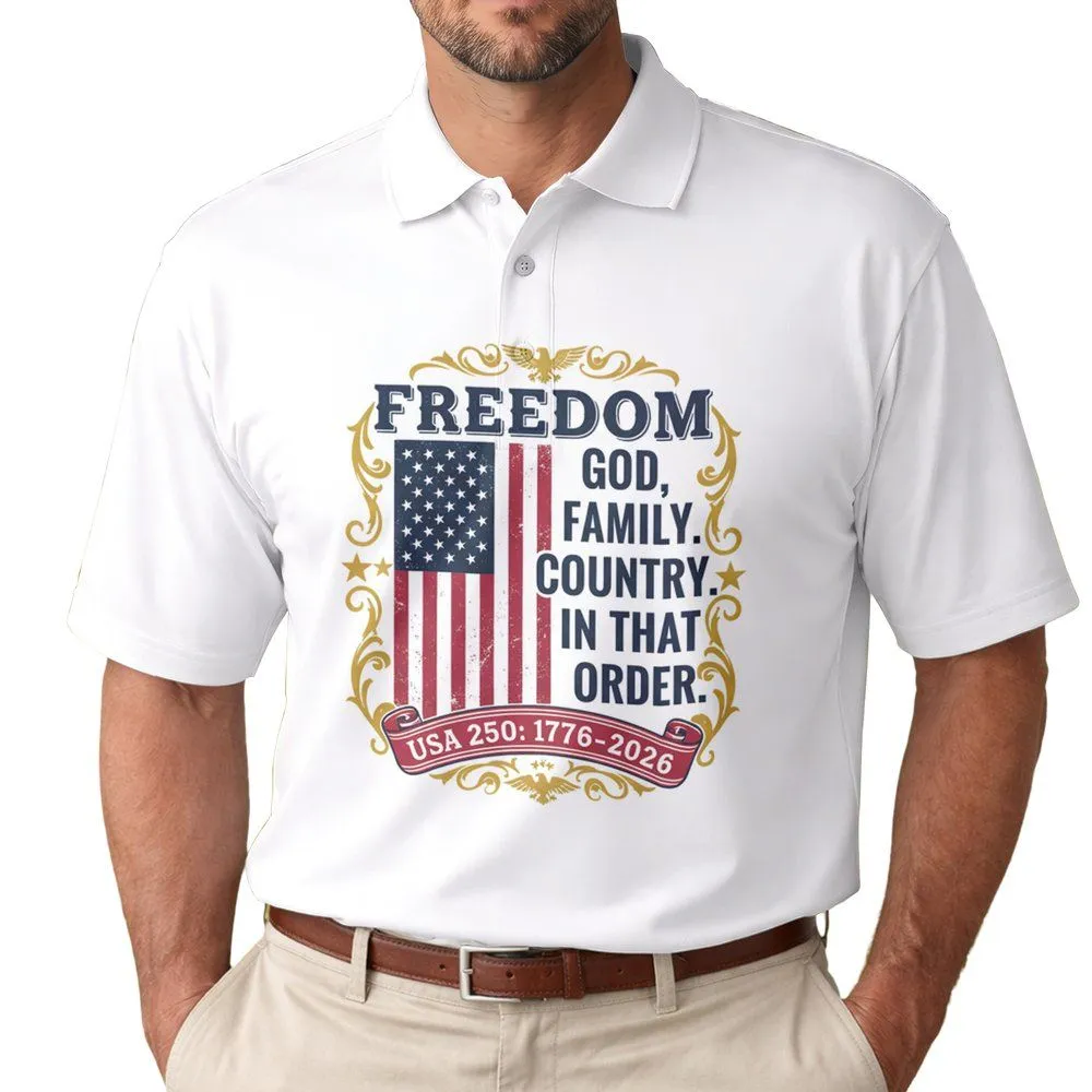 Distressed American Flag Freedom 1776-2026 - USA 250th Anniversary Gift for Veterans Men's Polo Shirt - 1