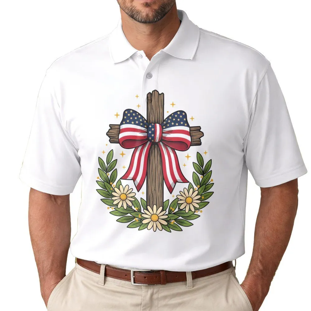 Wooden Cross American Flag Patriotic 1776-2026 - USA 250th Anniversary Gift for Veterans Men's Polo Shirt - 1