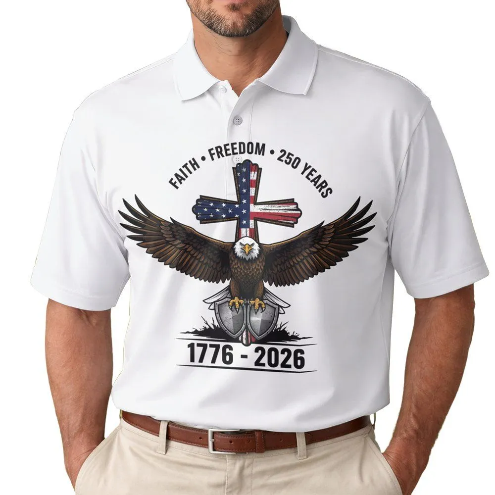Bald Eagle American Flag Cross 1776-2026 - USA 250th Anniversary Gift for Veterans Men's Polo Shirt - 1