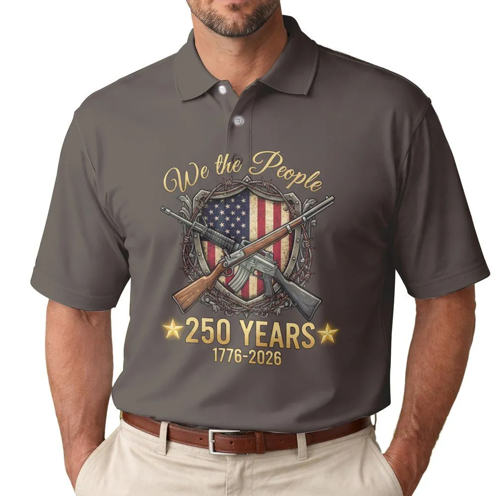 We The People Distressed Flag 1776-2026 - USA 250th Anniversary Patriotic Crossed Rifles Men's Polo Shirt - 1